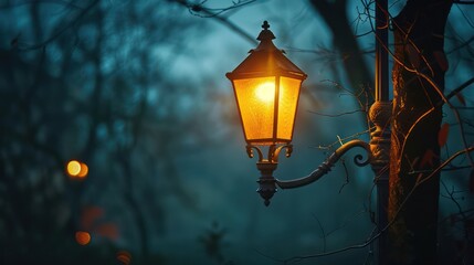 Street lights at night creating a romantic atmosphere, evoking memories and nostalgia, with ample copy space - obrazy, fototapety, plakaty