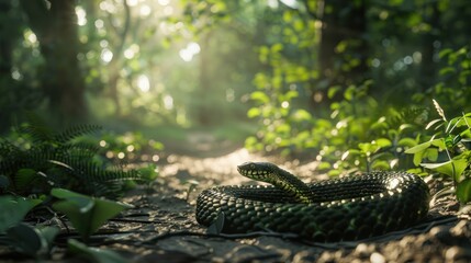green snake warming in the sun on the forest ground . - Powered by Adobe