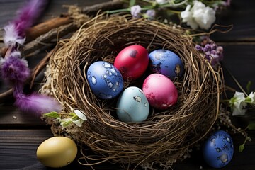 Fototapeta na wymiar Easter eggs in nest on rustic wooden planks - generative ai