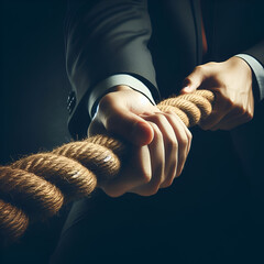 Hand pulling the big rope, tug of war, business man, focus on hand pulling the rope on dark background - obrazy, fototapety, plakaty