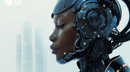Máquina de IA como uma mulher negra em perfil de ficção científica em estilo 3D - obrazy, fototapety, plakaty