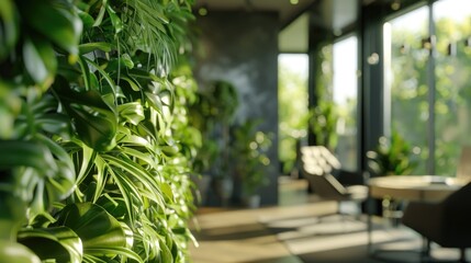 A room filled with lush green plants. Perfect for interior design concepts