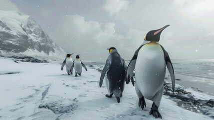 Fototapeta premium A group of penguins walking along a snow
