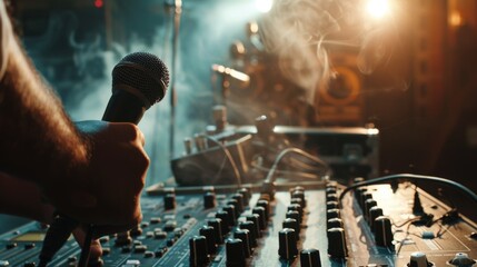 A person holding a microphone in front of a sound board. Suitable for music or audio production...