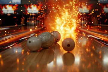 Bowling ball and two pins on a bowling alley, suitable for sports or recreation concepts - obrazy, fototapety, plakaty