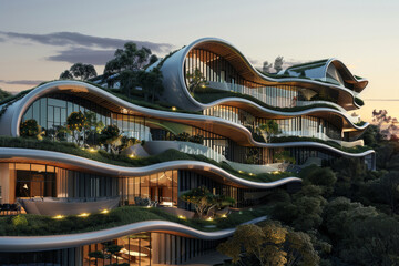 An eco-conscious neo-futuristic residential complex during the golden hour