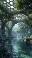 Concept art of a biomimetic bridge spanning a serene river featuring a symmetrical