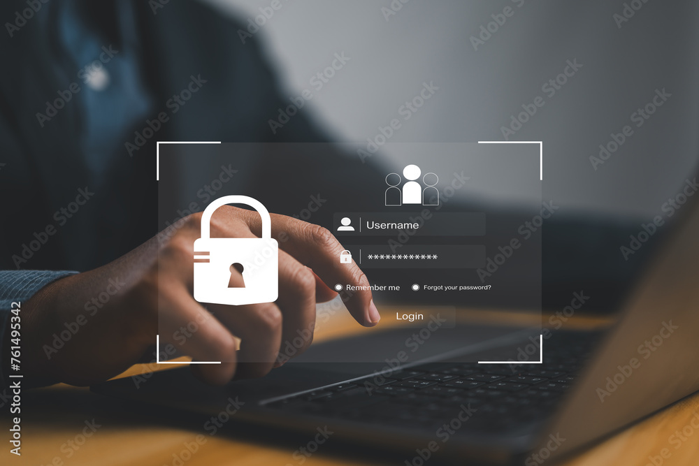 Poster Cybersecurity concept Global network security technology, business people protect personal information. Encryption with a key lock icon on the virtual interface. Data protection, internet network.