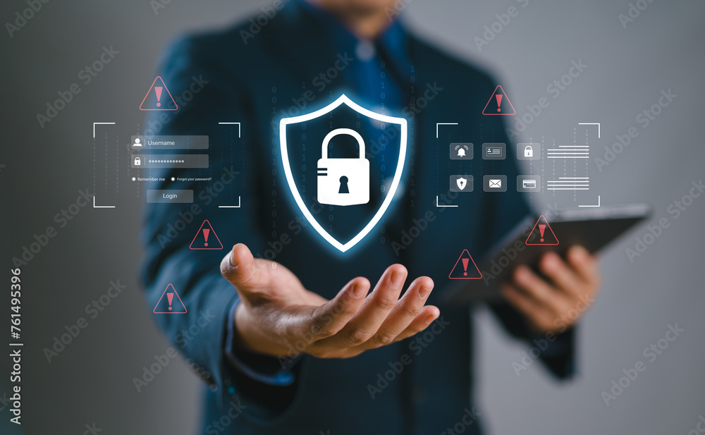 Leinwandbilder Cybersecurity and privacy-sensitive data. Business leaders using internet network security technology. Businessman showing locking down personal data on hand, cybersecurity concept.