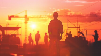 Silhouette of an engineer and construction crew working team discussing blueprints at sunrise. 