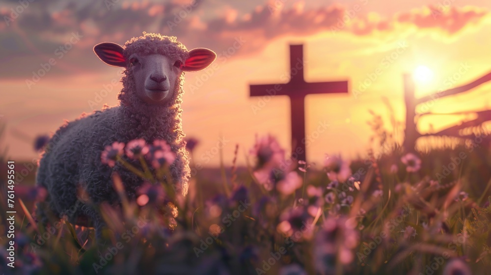 Aufkleber a sheep standing in a field with a cross in the background. suitable for religious or spiritual them
