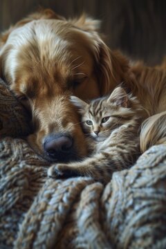 A heartwarming image of a dog and cat snuggled together on a cozy blanket. Perfect for pet lovers and animal enthusiasts
