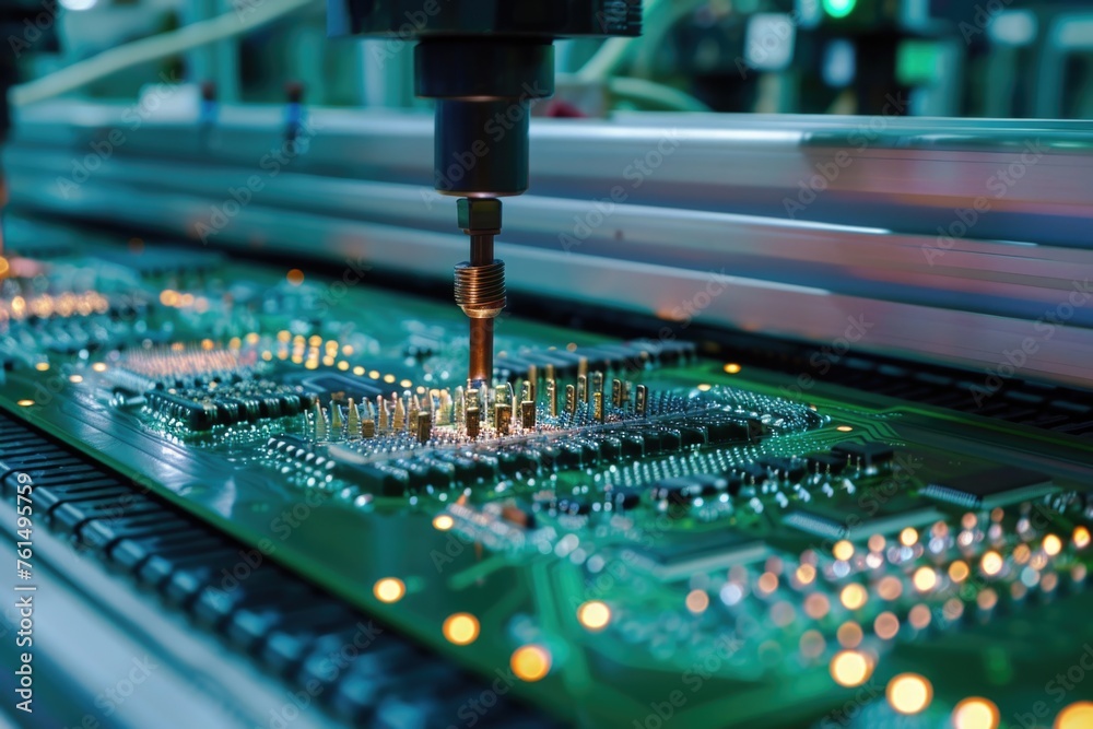 Aufkleber Close-up of a machine working on a circuit board. Suitable for technology and manufacturing concepts