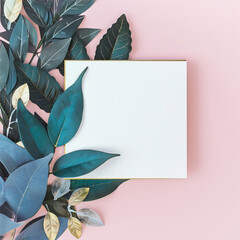 White canvas and green leaves on a pink background.
