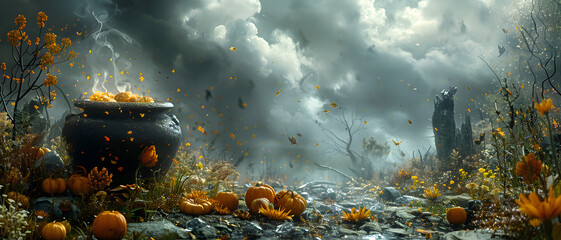 An enchanting depiction of a cauldron overflowing with pumpkins amidst a magical forest with a foggy, overcast sky setting the mood - obrazy, fototapety, plakaty
