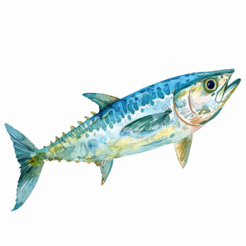 Detailed single mackerel fish depicted in watercolor, showcasing vibrant blues and greens.