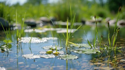 A picturesque pond filled with abundant water plants. Perfect for nature-themed designs