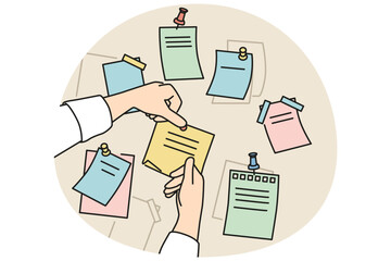 Closeup of person attach sticky notes with pins to board in office. Employee organize work plans using stickers on corkboard. Vector illustration.