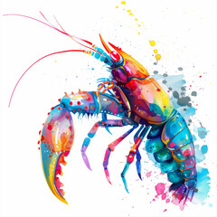 A brightly colored lobster in dynamic hues, painted in watercolor style.