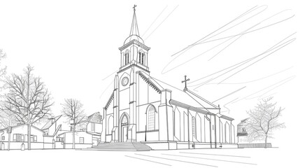 Detailed drawing of a church with a steeple. Ideal for architectural projects - obrazy, fototapety, plakaty