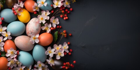 Easter eggs on a dark background. Easter banner. 