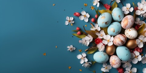 Easter blue banner. Easter eggs on a blue background. Generative AI