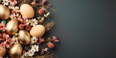 Naklejka na ściany i meble Easter eggs on a gray background. Place for text. Easter holiday. Generative AI