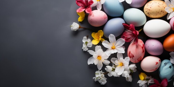 Easter eggs on a dark background. Easter banner. Generative AI