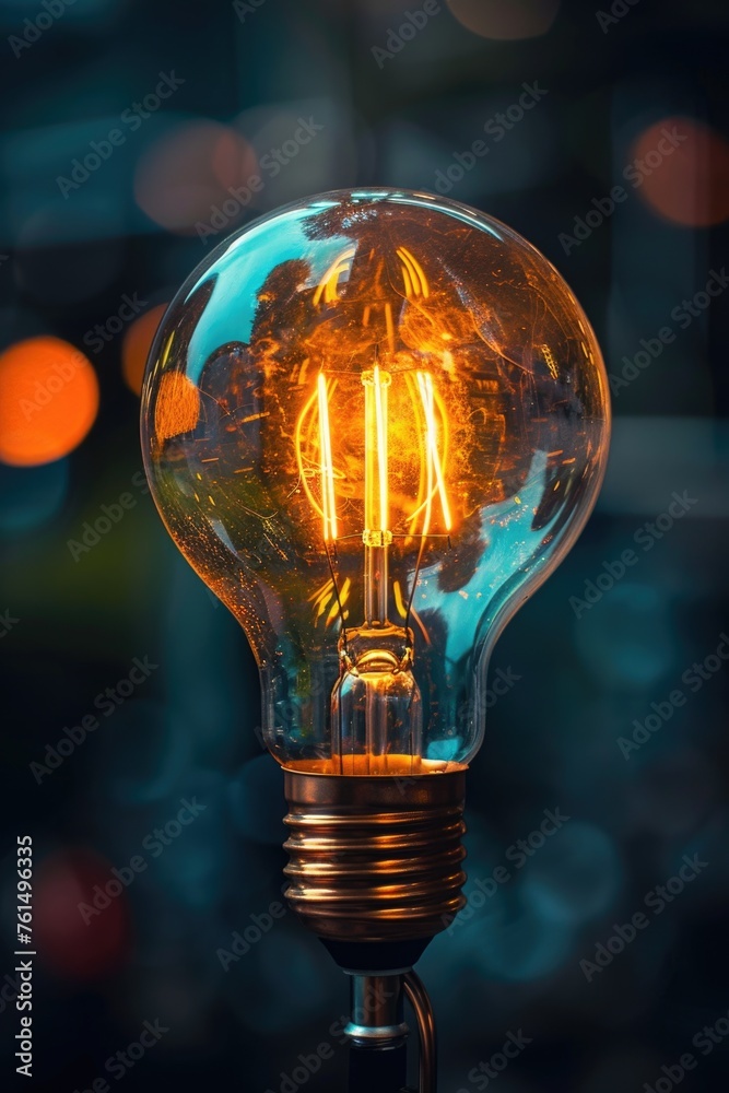 Poster close-up shot of a light bulb with a blurry background. perfect for illustrating ideas and creativit