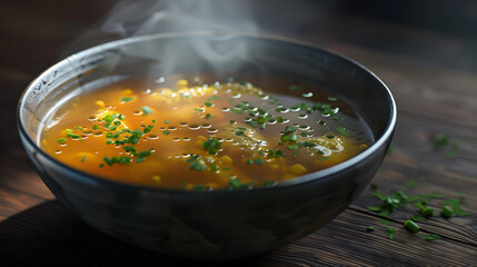 Steaming homemade vegetable broth with fresh herbs