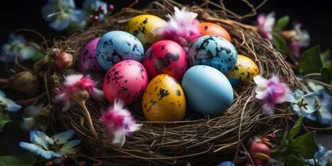 Fototapeta na wymiar Multi-colored Easter eggs in a nest. Easter holiday. Generative AI