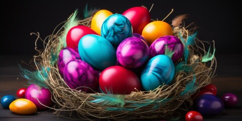 Fototapeta na wymiar Multi-colored Easter eggs in a nest. Easter holiday. Generative AI