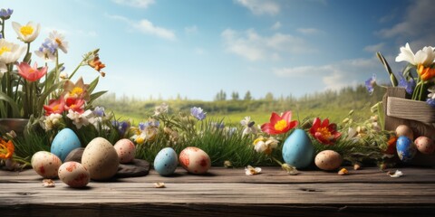 Multi-colored Easter eggs on a wooden background on Easter holiday. Generative AI
