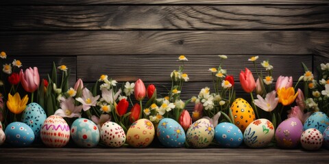 Easter banner.Multi-colored Easter eggs on a wooden background. Generative AI - obrazy, fototapety, plakaty