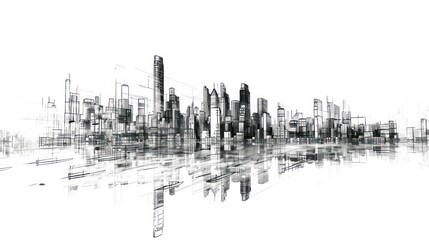 Minimalist black and white pencil sketch of a cityscape