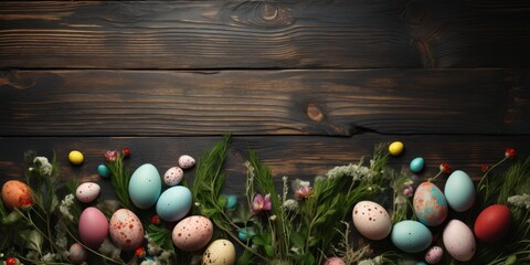 Easter banner. Top view of colorful Easter eggs on a wooden background. Generative AI