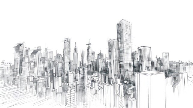 Minimalist black and white pencil sketch of a cityscape