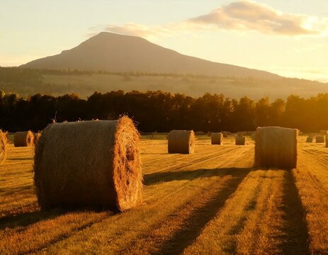 Campo com rolos de Feno  enfardados na fazenda
