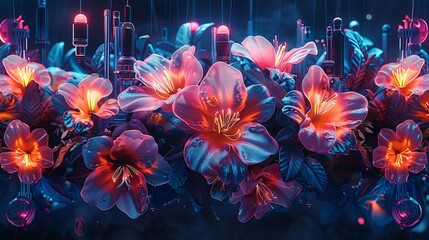 Craft a cyberpunk-inspired image with flowers composed of speakers and sound waves, neon accents, against a black background, blending old tech and vacuum tubes