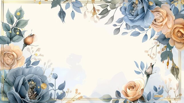 Wedding invitation with a blank center, adorned with a bouquet of roses, complemented by doodles and a soft pastel blue and gold color palette