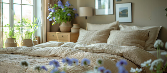 interior of a bedroom, lot of flowers