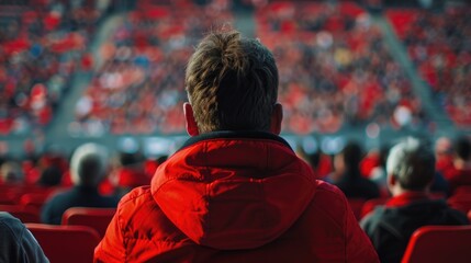 A man in a red jacket sitting in a stadium. Suitable for sports events or outdoor activities