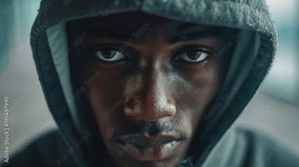 Poster close-up shot of a person in a hoodie, versatile image for various projects