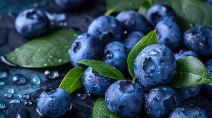 Plump blueberries with vibrant green leaves and dew drops. - obrazy, fototapety, plakaty