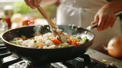 Person cooking rice in a wok on a stove. Suitable for food blogs or cooking tutorials