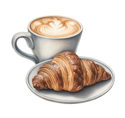 Illustrations of croissant and coffee mug. Color pencil drawings. Perfect for product packaging, menu design and stationery