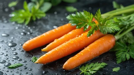 Fresh carrots with vibrant green leaves and water drops