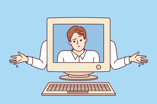 Old computer with disappointed man on screen, as metaphor for PC freezes and breakdowns due to outdated technologies. Sad system administrator does not know how to solve problem with computer virus