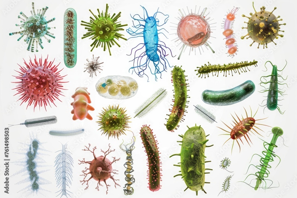 Poster Different types of microorganisms on a white background. Suitable for scientific and medical concepts