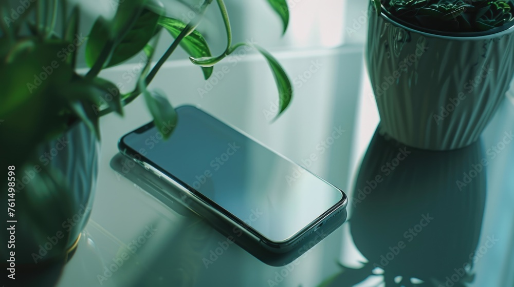 Poster a cell phone resting on a table next to a potted plant. suitable for technology or home office conce